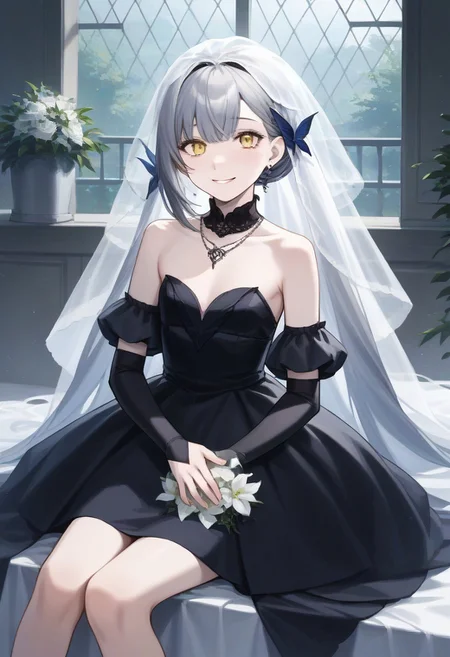 score_9, score_8_up, score_7_up, source_anime, BREAK, sitting, looking at viewer, smile, grey hair, yellow eyes, mole under eye, pale skin, flat chest, clothowedding, veil, deep cleavage, long dress, black dress, wedding dress, elbow gloves, necklace