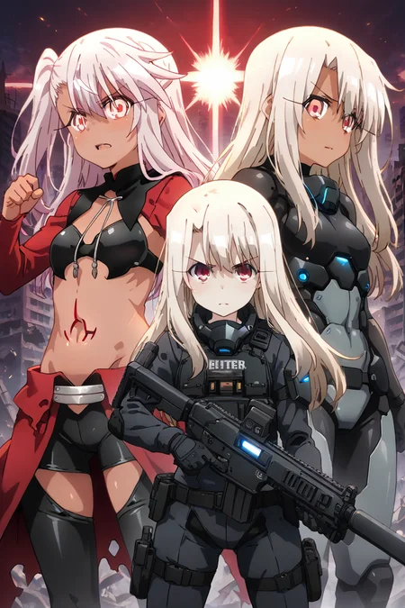 masterpiece, best quality, large breasts, (curvy), ,,, (2girls:1), (chloe von einzbern, yellow eyes, pink hair, long hair, one side up, dark skin, illyasviel von einzbern, red eyes, white hair, long hair, red eyes),futuristic bounty hunter, full-body tactical armor, glowing visor, plasma weapons, robotic sidekick, city ruins, high-tech gear, determined expression, stealthy pose<lora:PrismaIllyaIXL_v2:1.0>,
