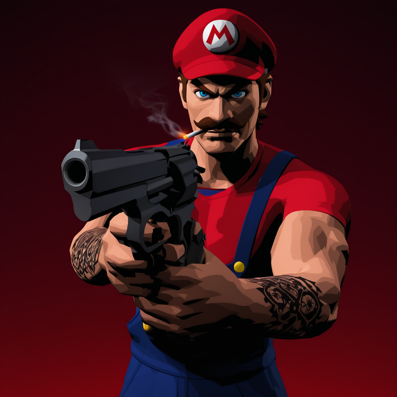 <lora:killer7_Artstyle_Illustrious:1>, killer7style, 3d, high contrast, polygonal, red background, moody lighting, super mario, mario, red hat, blue overalls, red undershirt, short male, 1boy, solo, brown mustache, red t-shirt, holding pistol, angry, arm tattoo, smoking cigarette, aiming pistol at viewer, muscular male, blue eyes, looking at viewer