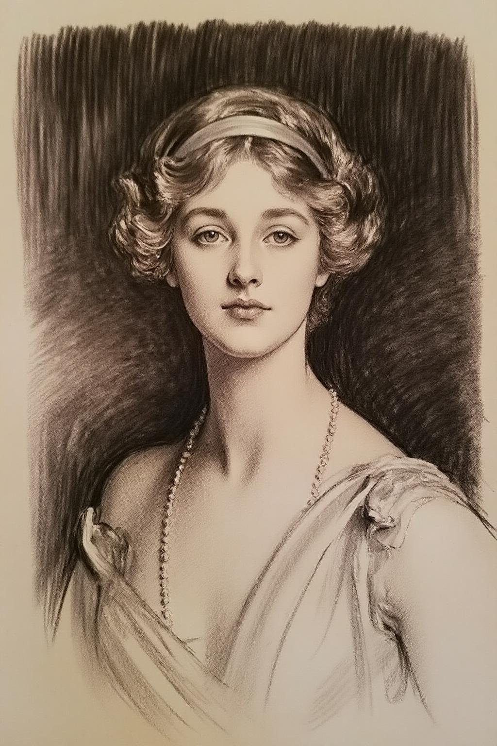 ,johnss1 charcoal drawing.
charcoal portrait of an elegant young woman from the early 20th century. She has delicate facial features, wavy short hair adorned with a thin headband, and a poised expression with bright, expressive eyes. She is dressed in a flowing, classical-style gown with a soft neckline and a beaded necklace. The background is shaded, textured and sketchy, emphasizing the contrast between light and shadow. <lora:johnss1_cap_d6a3e12:1.0><lora:824331634590542391:0>