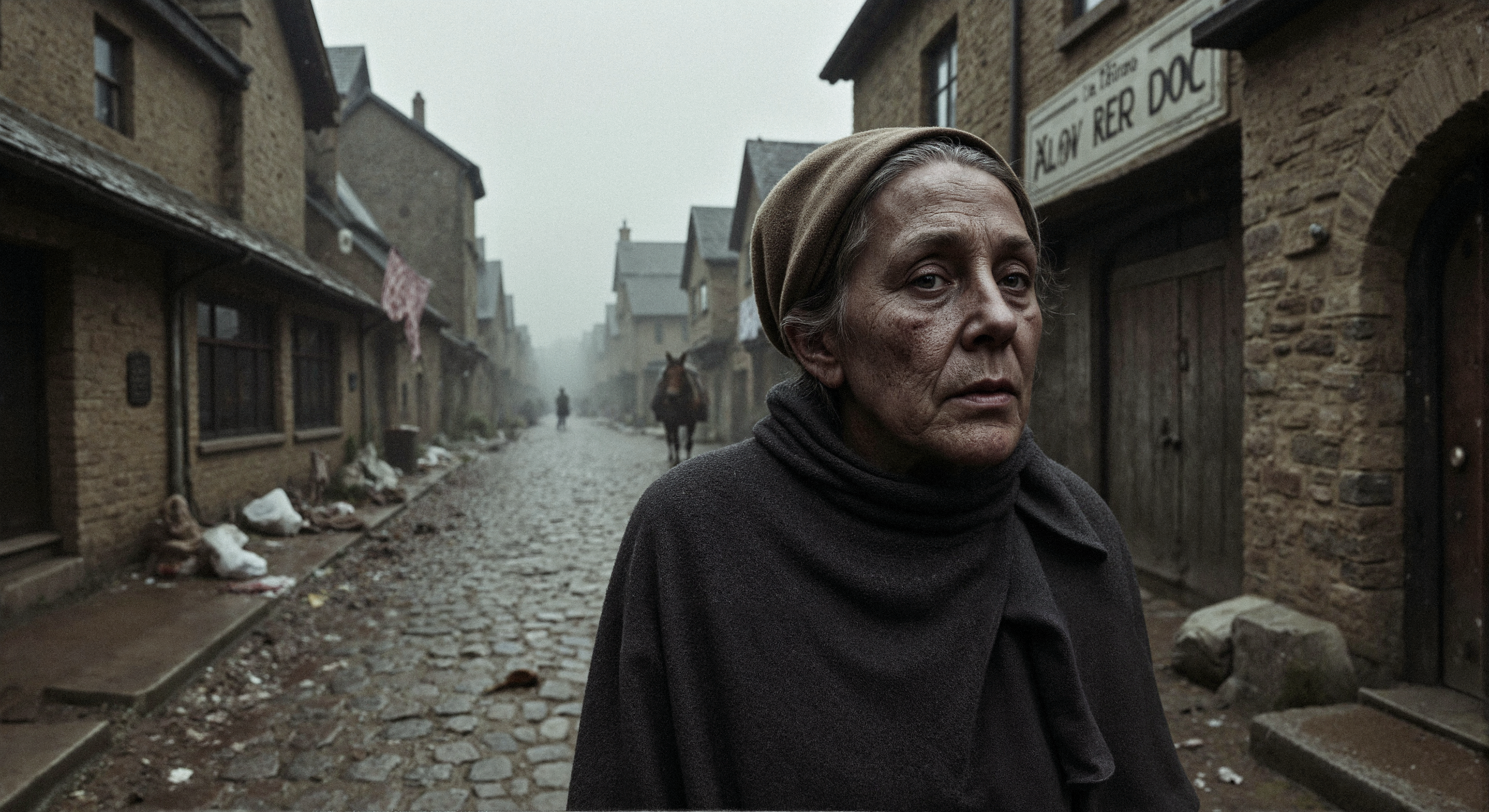 aidmarealisticskin. This is a high-resolution photograph of a 80 years old, weathered woman in a 16th-century town ravaged by the Black Death. The cobblestone streets, uneven and treacherous, are slick with rain and shrouded in a thick fog that obscures the dim light of the winter day.  A lone, skeletal dog scavenges amongst the refuse strewn across the street. In the distance, a lone horse stands dejectedly in front of a half-timbered inn, its sign creaking ominously in the wind.  The houses, their wattle and daub walls showing signs of decay and neglect, loom over the narrow street, their windows dark and lifeless. Washing hangs limply from a second-story window, a forlorn attempt at normalcy in the face of tragedy.  The woman's face is etched with wrinkles and sorrow, her eyes reflecting the grim reality of the plague-stricken town. She wears a dark, heavy woolen dress, the fabric coarse and worn, and a shawl pulled tightly around her shoulders against the biting cold.  Her grey hair is covered by a simple linen cap. The air is heavy with the smell of damp earth, decay, and woodsmoke. The overall mood is one of despair and desolation, capturing the bleak aftermath of the plague in a 16th-century European town. Something very cruel happened to this extremely old woman,the marks and injuries of that are visible on her face.