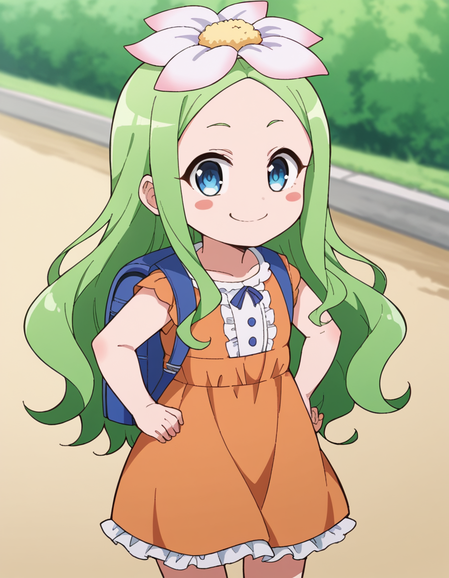 score_9, score_8_up, score_7_up, source_anime, <lora:celine-darkness-ponyxl-lora-nochekaiser:1>, celine, long hair, blue eyes, hair ornament, flower, green hair, hair flower, wavy hair, blush stickers,, dress, backpack, orange dress, frills,, dirt road, rural, path, dust, nature, smile, smug, hands on own hip,, looking at viewer, solo,, dutch angle, cowboy shot