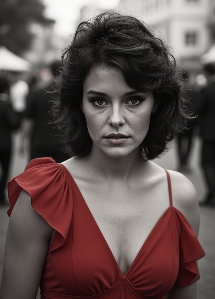 SFW, The image is a black and white portrait of a woman with dark hair styled in loose curls. She is wearing a red dress with ruffles on the shoulders and neckline. The woman is looking directly at the camera with a serious expression on her face. The background is blurred, but it appears to be an outdoor setting with people walking around. The overall mood of the image is dramatic and edgy., aidmaimageupgrader<lora:flux\custom\celebrity\amanda-bearse.safetensors:1.0:1.0> <lora:turbo-8-step-flux.safetensors:0.5:0.5> <lora:flux\style\Common\aidmaImageUprader-FLUX-v0.3.safetensors:0.25:0.25>