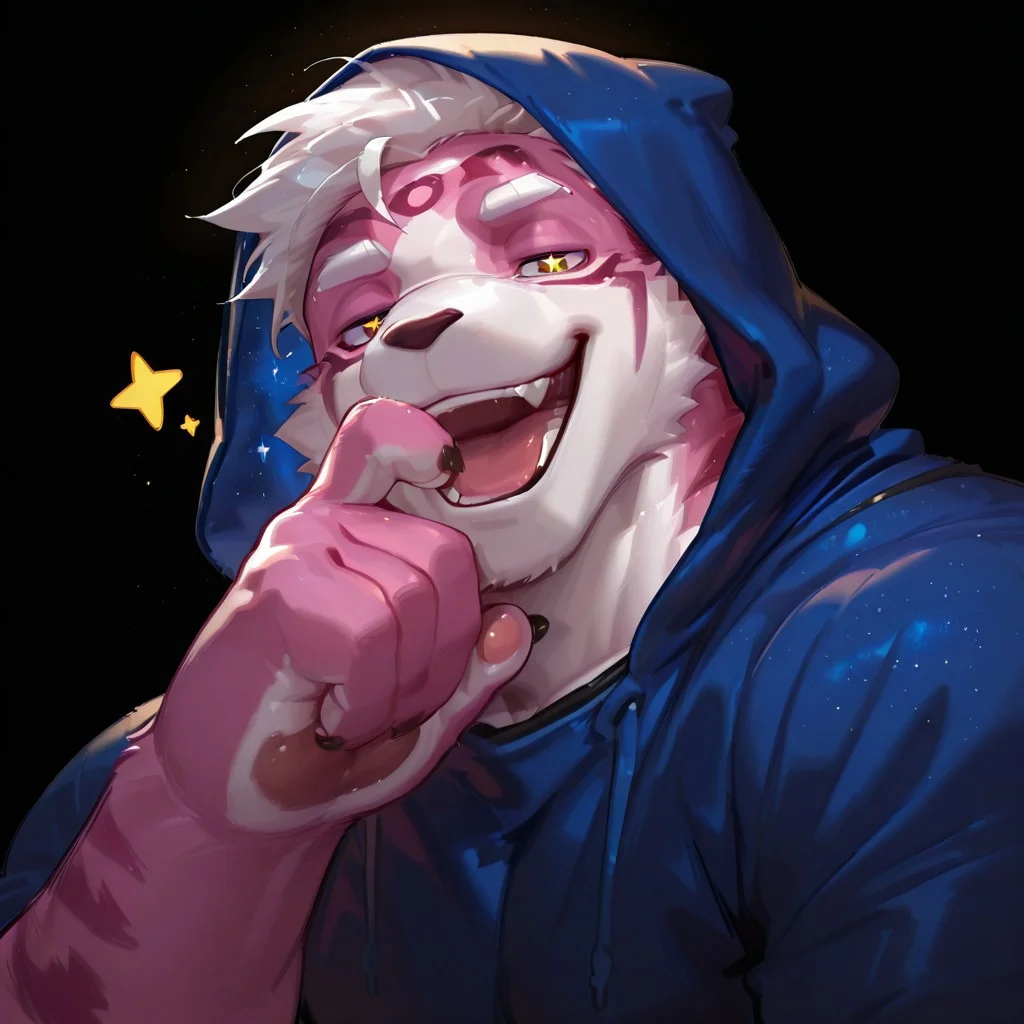 Safe_pos, masterpiece, best quality, new, absurd, high quality, 2024, 2023, masterpiece, best quality, amazing quality, Magnum, furry, blue shirt, hood, Starry eyes, starry, white fur, pink fur, white hair, , solo, 1boy, Bara, laughing, mature male, looking at viewer, best quality, black background, portrait, dutch angle
