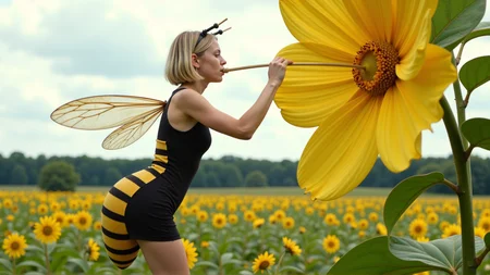 cinematic photo a (25 year old girl:1.5), she has huge bee wings attached to her back and bee antennae attached to her head, she's wearing a( black and yellow:1.2) horizontally striped figure hugging lycra minidress, the dress has a human sized (fuzzy bee abdomen attached sticking out at the butt:1.3)
she has blonde hair in a bob cut, she has a slim figure and long legs, she has medium sized breasts
she's hovering in midair in front of a enormous flower, the flower is bigger than the girl, ready to drink it's nectar through a long straw, the straw is held in her hand with the end (stuck into the flower:1.3)
she's in a meadow of enormous wild flowers,, score_9, score_8_up, score_7_up, hyperdetailed, hyperrealistic, best quality, (masterpiece:1.3),high-definition, intricate details, volumetric lighting, symmetrical face, level eyes, . 35mm photograph, film, bokeh, professional, 4k, highly detailed