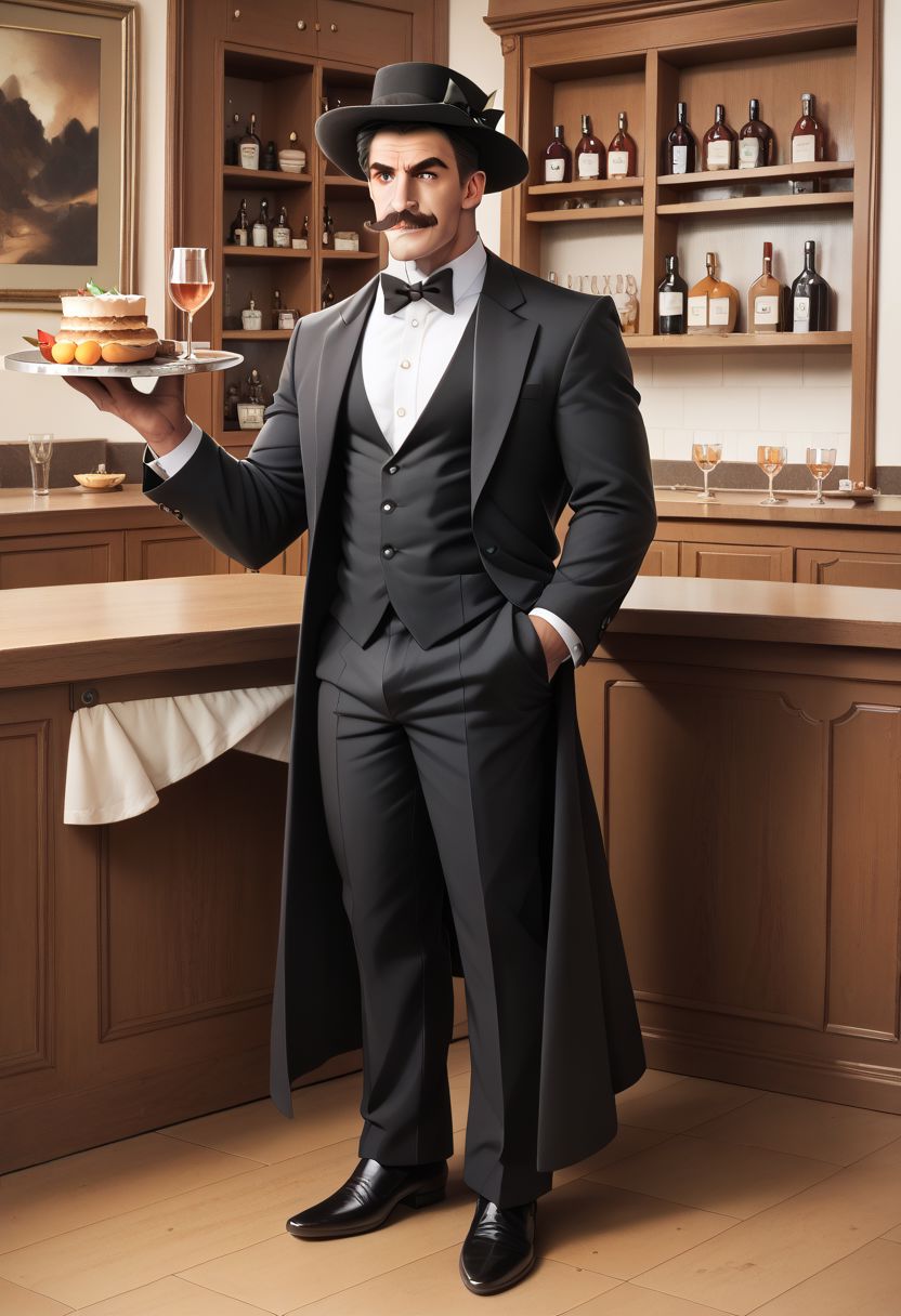 score_9, score_8_up, score_7_up, score_6_up, score_5_up, score_4_up, rating_safe,tpdne,1man,solo,astolfo_(fate),tuxedo,tophat,handlebar moustache,red moustache,full body,indoors,platter,holding platter,resytraunt