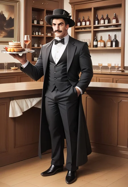 score_9, score_8_up, score_7_up, score_6_up, score_5_up, score_4_up, rating_safe,tpdne,1man,solo,astolfo_(fate),tuxedo,tophat,handlebar moustache,red moustache,full body,indoors,platter,holding platter,resytraunt
