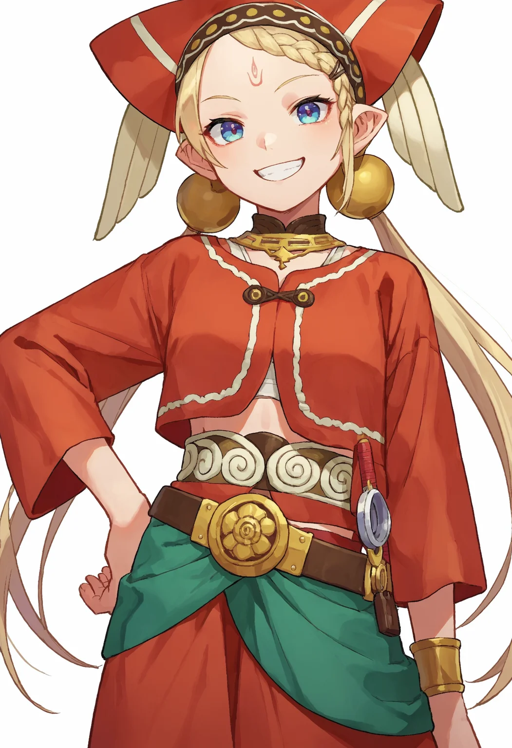 score_9_up score_8_up score_7_up, source_anime, 1girl tilarna exedilika forehead mark twintails, red headwear hat red dress green dress belt, simple background, white background, hand on hip, smile
<lora:tilarna_exedilika2_pony_d16:1>