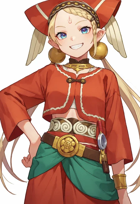 score_9_up score_8_up score_7_up, source_anime, 1girl tilarna exedilika forehead mark twintails, red headwear hat red dress green dress belt, simple background, white background, hand on hip, smile
<lora:tilarna_exedilika2_pony_d16:1>