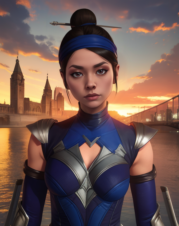 kitanamk11,hair bun,hair stick,
headband,bodysuit,shoulder pads,silver trim,detached sleeves,
standing,upper body,
dawn,lake,bridge,
(insanely detailed, beautiful detailed face,beautiful detailed eyes, masterpiece, best quality),<lora:KitanaMK11:0.8>,