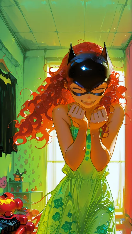 masterpiece, newest,absurdres,incredibly absurdres, best quality, amazing quality, very aesthetic, painterly,
1girl, (superhero pose:1.2), sundress, floral print, toy room, laughing, batgirl mask, red hair, very long hair, (curly hair:1.2), (solo:1.3),
<lora:OTZZK2Rpbm8rZzAxNTgra3VtYWgrbnl0ZQ==-illustriousXL_v01_V1-CAME:1> OTZZK <lora:BlueFley_Style_-_Illustration:1> by_bluefley <lora:svevsty:1> svevsty