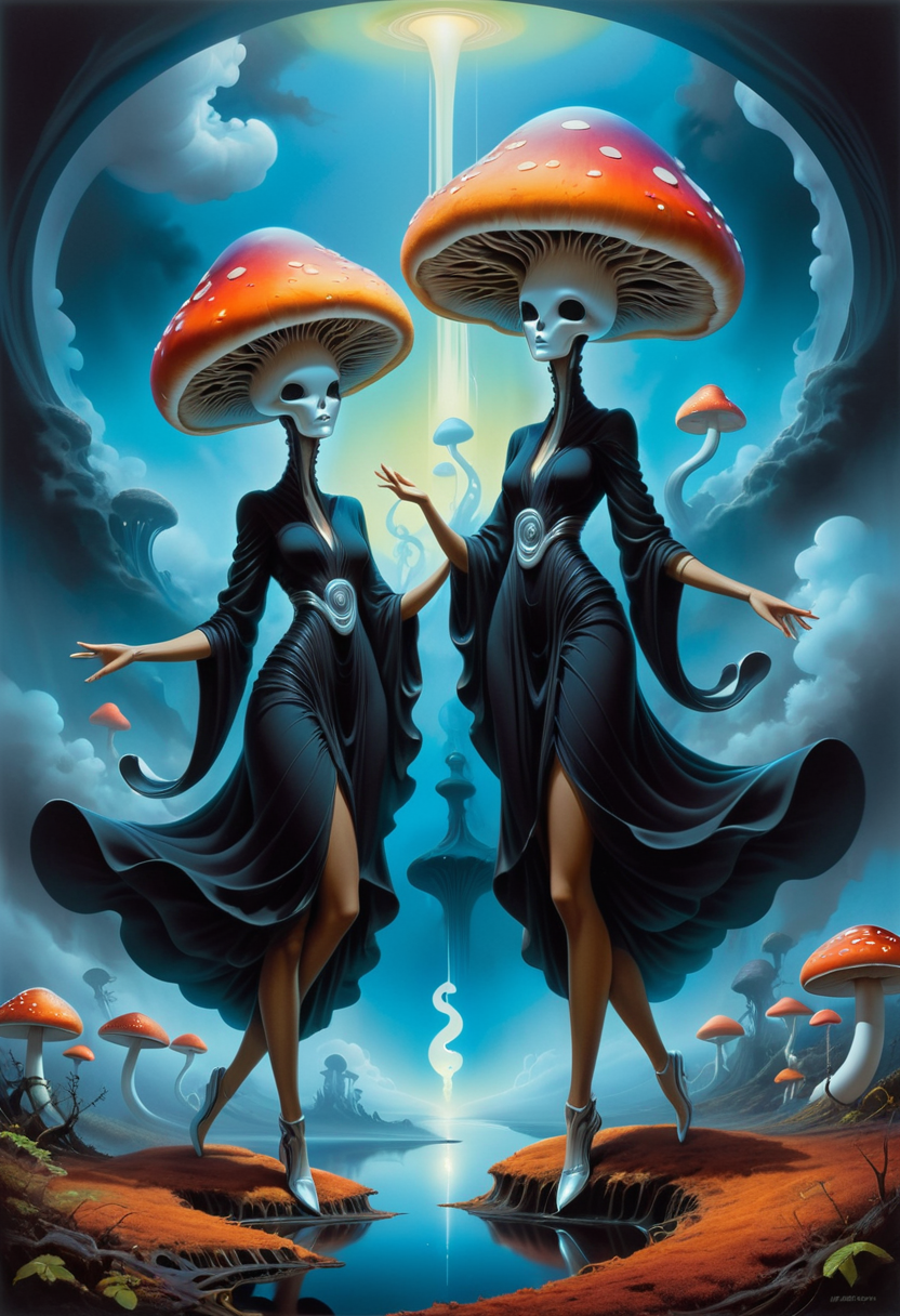 Stylized figures with flowing, abstract elements surrounding them, Two female figures with mushroom-shaped heads, Two dancing female figures, Michael Whelan, Loish, H.R. Giger, encased in ethereal light, in the style of Fluid Motion and Movement, ethereal women seated on dark clouds, a flat illustration with surrealist abstract shapes and forms, This is a digital art piece, evoking a surreal alien landscape, saturated colors, dark-colored robes and have large heads that resemble mushrooms or pastries, digital art style, A colorful cartoon illustration with a gradient background   masterpiece, detailed, best quality, absurd resolution,    <lora:artfully_ALIENDANCE:0.8>