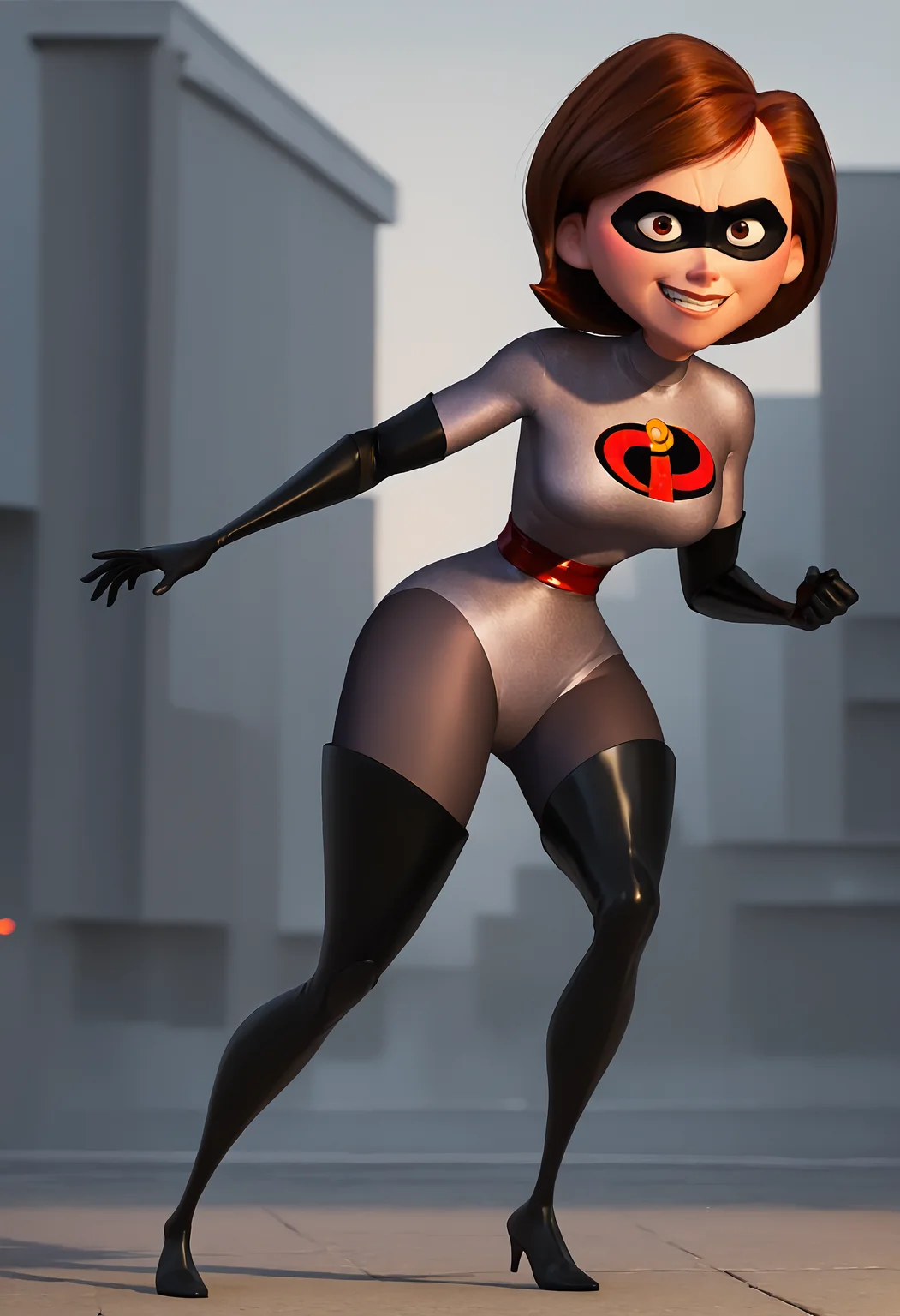 <lora:HelenParrPony1.1_r1:1>, score_9, score_8_up, score_7_up, score_6_up, score_5_up, score_4_up, looking at viewer,helen parr, 1girl, red belt, solo, brown hair, elbow gloves, short hair, superhero, thigh boots, domino mask, grey bodysuit, full body, standing, outdoors, action_pose,smile,