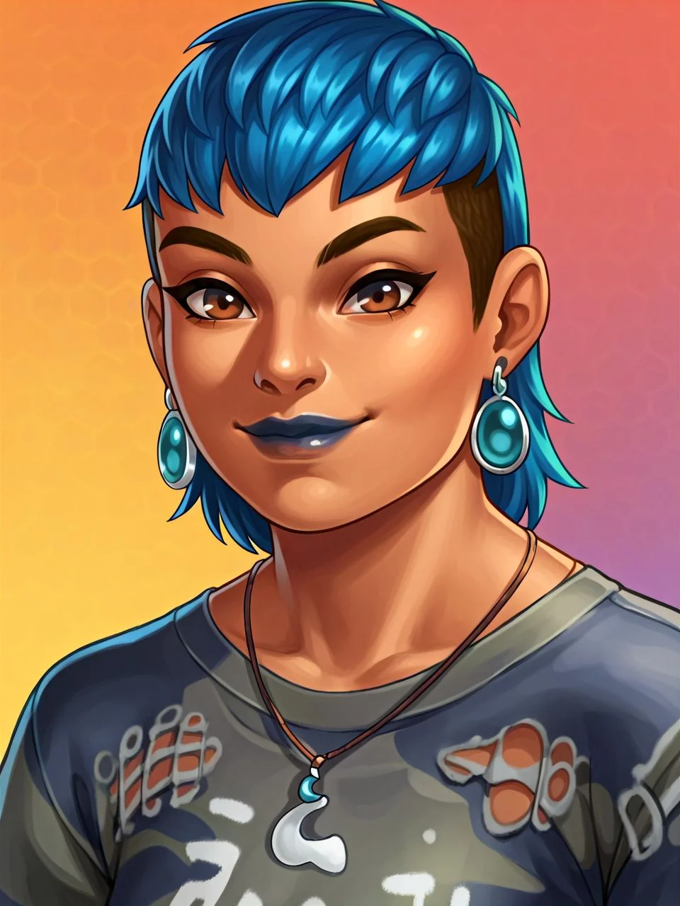 PonyXLV6_Scores, (honeycomb \(pattern\):1.5), rainbow gradient background,
1girl, solo, (upper body portrait:1.1), warm slight smile, closed mouth, looking at viewer,
<lora:roryTS4_PDXL new:1> roryTS4, dark skin, blue hair, brown eyes, blue lipstick, earrings, necklace, camouflage pawprint shirt, torn shirt