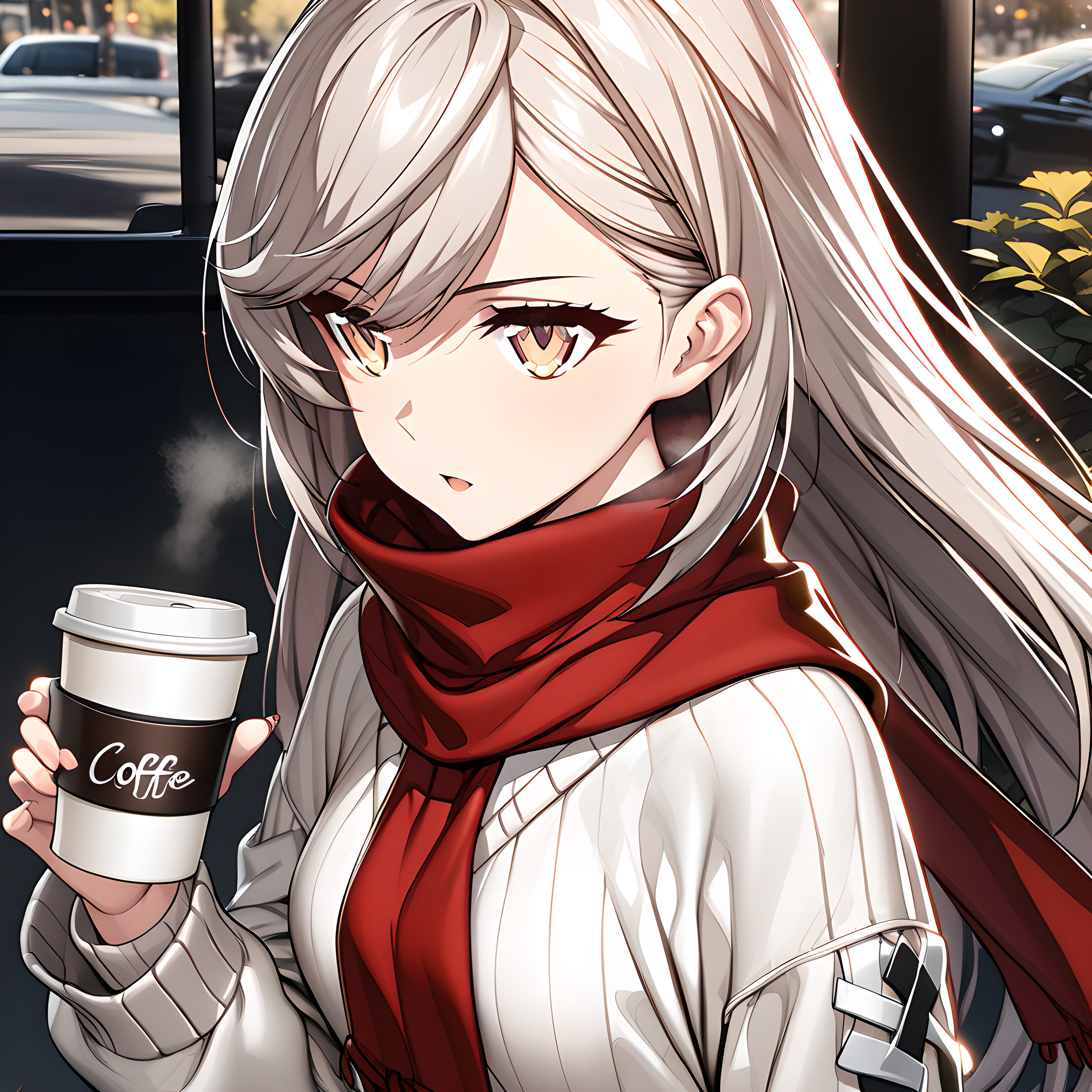 (masterpiece),(best quality),(ultra-detailed),(best illustration),(best shadow),(absurdres),(detailed background),(very aesthetic)hilde, cup, holding, coffee cup, holding cup, disposable cup, red scarf, white sweater, sweater, turtleneck, scarf , long hair, <lora:Hilde_-_CounterSide_SDXL_Animagine_XL_3.1:1>