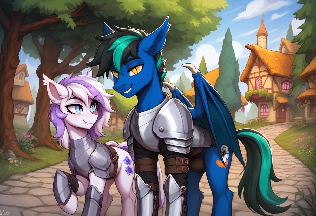 score_9, score_8_up, score_7_up, score_6_up, score_5_up, g4, pony from my little pony friendship is magic, big flanks, anatomically correct, Bat pony, thestral, bat wings, feminine, twink, femboy, trap, lithe, muscles, fit, sporty body, muscled, feminine male, girly boy, male, Blueberry blue body, blueberry blue fur, Black blue mane and tail, dark green streak in mane and tail, two tone mane and tail, short mane, femme, Slit eyes, golden eyes,
outdoors, medieval town, trees, forest, village, quiet, peaceful, outside, cobblestone path, cobble street,
Paladin, silver knight armor, silver armor, platemail, plate armor, smile, confident, kind, gentle, soft, friendly, adorable,