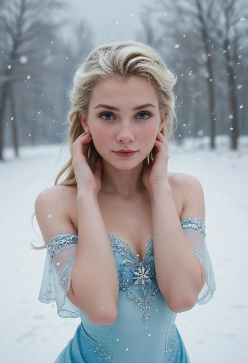 ,score_9_up, score_8_up, score_7_up, ,score_6_up,standing,elsa, posing with hands in hair, looking at viewer, pale milky skin, snowing