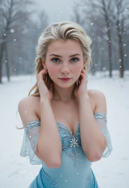 ,score_9_up, score_8_up, score_7_up, ,score_6_up,standing,elsa, posing with hands in hair, looking at viewer, pale milky skin, snowing