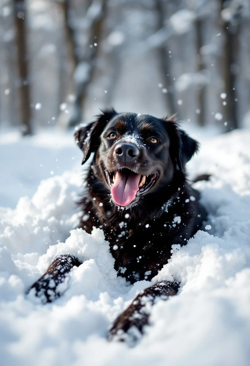 A joyful black dog is rolling playfully in a deep blanket of fresh snow, its sleek fur contrasting beautifully with the brilliant white surroundings. The dog’s expression is one of pure delight, its tongue slightly out and eyes sparkling with happiness as it wiggles and kicks up the soft snow around it. Snowflakes cling to its fur, and the surrounding landscape is a serene winter wonderland, with snow-covered trees and a soft, hazy light filtering through the frosty air. The scene captures a moment of carefree joy, as the dog revels in the simple, pure pleasure of the snowy day, radiating warmth and exuberance in the cold, quiet forest.