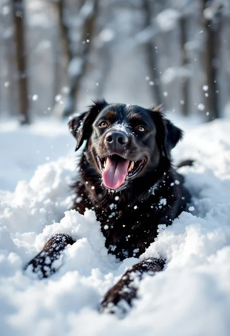 A joyful black dog is rolling playfully in a deep blanket of fresh snow, its sleek fur contrasting beautifully with the brilliant white surroundings. The dog’s expression is one of pure delight, its tongue slightly out and eyes sparkling with happiness as it wiggles and kicks up the soft snow around it. Snowflakes cling to its fur, and the surrounding landscape is a serene winter wonderland, with snow-covered trees and a soft, hazy light filtering through the frosty air. The scene captures a moment of carefree joy, as the dog revels in the simple, pure pleasure of the snowy day, radiating warmth and exuberance in the cold, quiet forest.