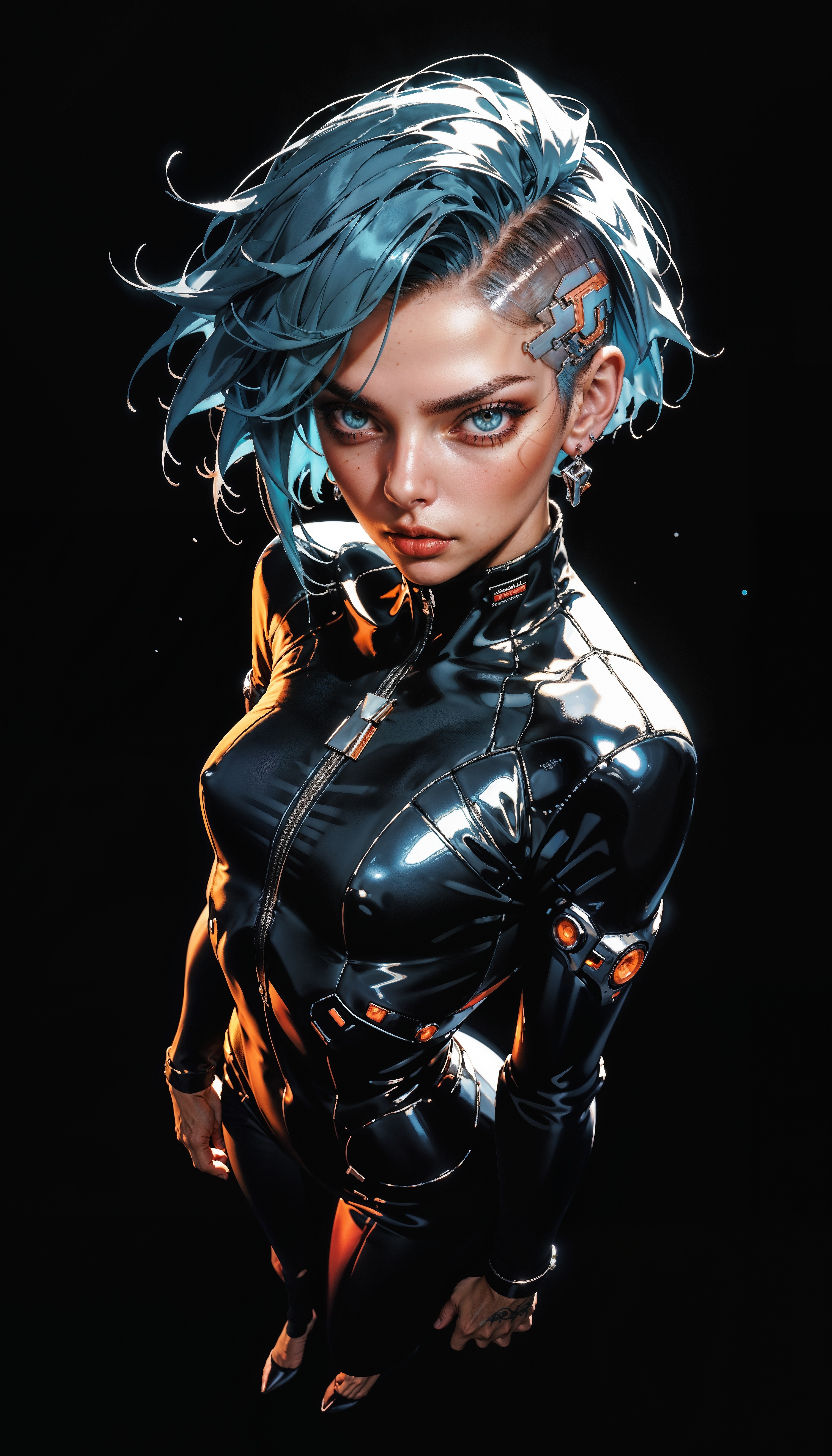 score_9, score_8_up, score_7_up, score_6_up, score_5_up, score_4_up,  source_anime, Best quality, Depth of field, blue and white color theme, anime style, Beautiful face and skin, Single woman, Cyberpunk city, standing, From above, Short hair, Closed mouth, Glossy lips, Shiny eyes, Slanted eyes, leather suit, High heels, Model pose, Dynamic pose, Simple background, Neon lights, Backlit lens flare  <lora:Expressive_H-000001:0.6>, expressiveH    <lora:g0th1cPXL:0.4> <lora:incase_style_v3-1_ponyxl_ilff:0.3>    <lora:sinfully_stylish_SDXL:0.4>