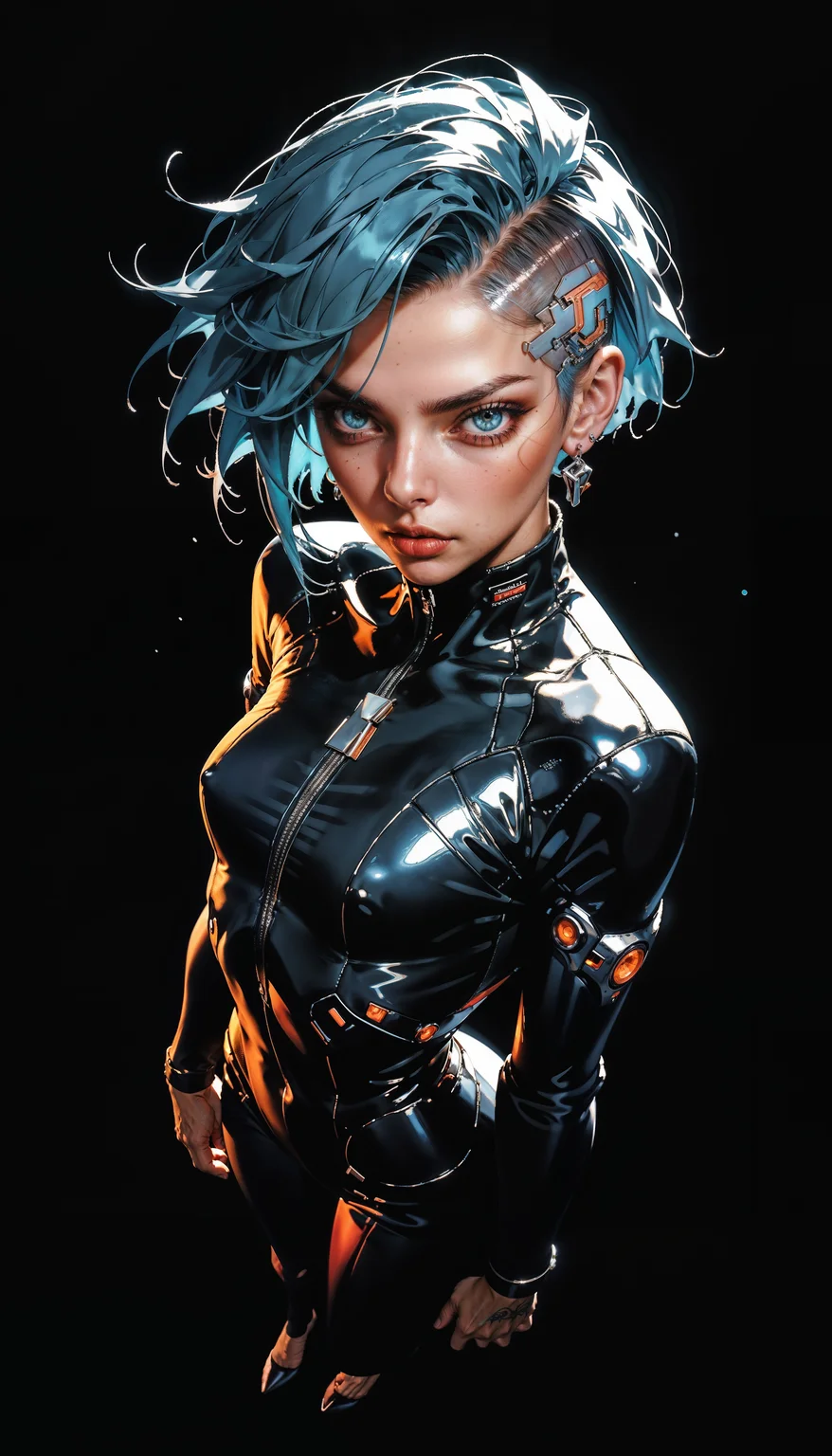 score_9, score_8_up, score_7_up, score_6_up, score_5_up, score_4_up,  source_anime, Best quality, Depth of field, blue and white color theme, anime style, Beautiful face and skin, Single woman, Cyberpunk city, standing, From above, Short hair, Closed mouth, Glossy lips, Shiny eyes, Slanted eyes, leather suit, High heels, Model pose, Dynamic pose, Simple background, Neon lights, Backlit lens flare  <lora:Expressive_H-000001:0.6>, expressiveH    <lora:g0th1cPXL:0.4> <lora:incase_style_v3-1_ponyxl_ilff:0.3>    <lora:sinfully_stylish_SDXL:0.4>