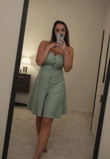 score_9, score_8_up, score_7_up,Masterpiece, detailed, realistic, photorealistic, 1girl, bedroom background, early twenties, Stable_Yogis_PDXL_Negatives, selfshot, taking a selfie in the mirror, face in the mirror, looking at phone, tight fitting green dress, unobstructed face, Expressiveh, busty breasts,photo \(medium\), high quality, unsplash, flickr, onlyfans, reddit, fansly, instagram