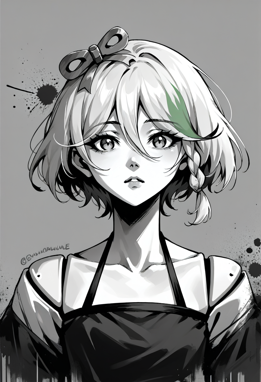 score_9, score_8_up, score_7_up, source_anime, 
<lora:monochromemuse:1>, monochromemuse, monochrome, greyscale, ink splatter, 
<lora:ChamCeciliaImmergreenPonyXL:1>, CeciliaImmergreen, hair ornament, doll joints, short hair, braid, portrait, halter top,