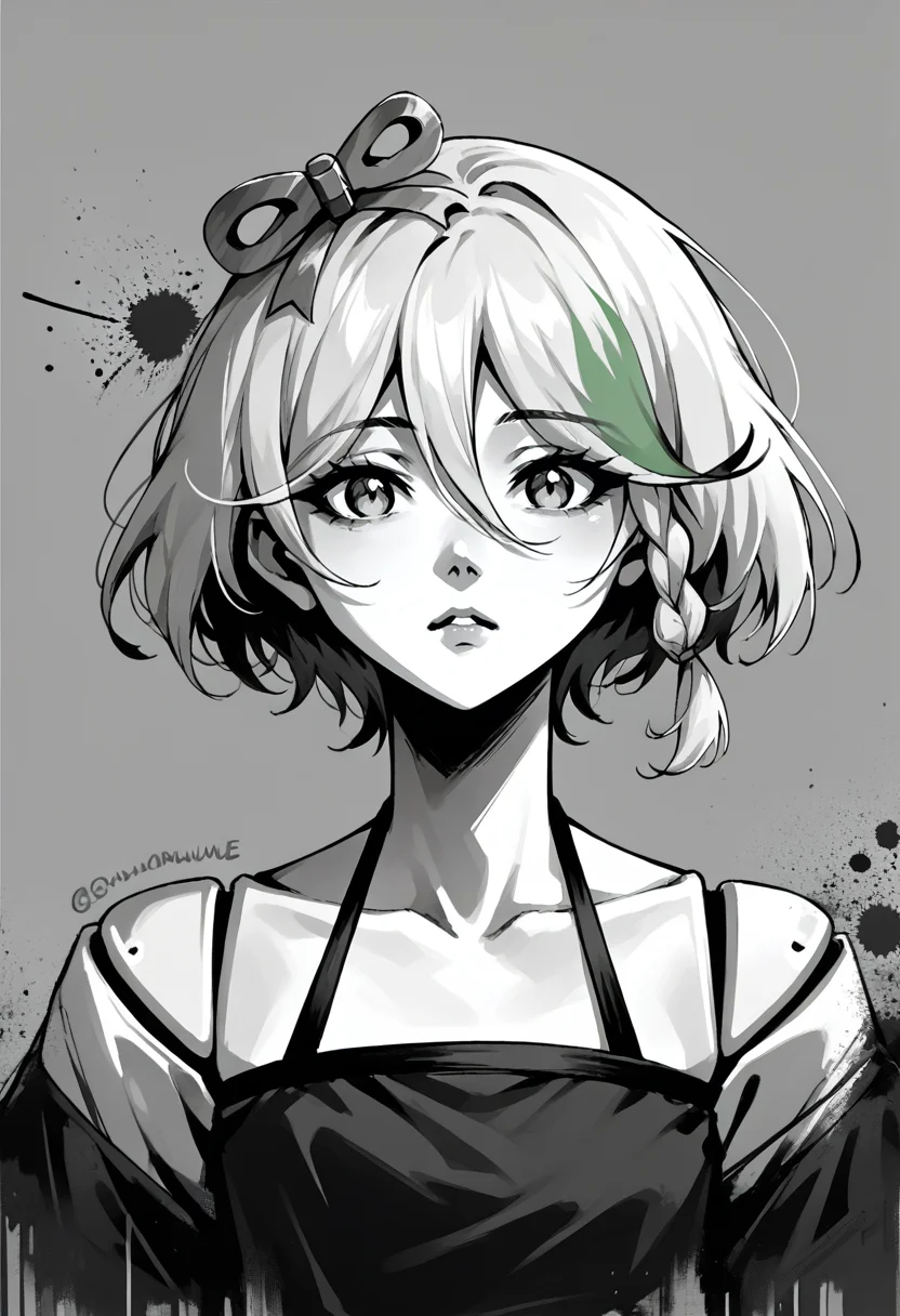 score_9, score_8_up, score_7_up, source_anime,
<lora:monochromemuse:1>, monochromemuse, monochrome, greyscale, ink splatter,
<lora:ChamCeciliaImmergreenPonyXL:1>, CeciliaImmergreen, hair ornament, doll joints, short hair, braid, portrait, halter top,