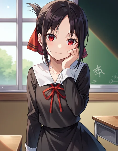 score_9, score_8_up, score_7_up, source_anime,
kaguyashinomiya, <lora:kaguya-shinomiya-ponyxl-lora-nochekaiser:1>,
kaguya shinomiya, short hair, bangs, black hair, red eyes, hair ribbon, sidelocks, folded ponytail, parted bangs, smile,
long sleeves, dress, ribbon, school uniform, collarbone, black dress, sailor collar, white sailor collar, red ribbon, neck ribbon, shuuchiin academy school uniform,
indoors, classroom,
looking at viewer, cowboy shot, dutch angle, hand on own cheek,