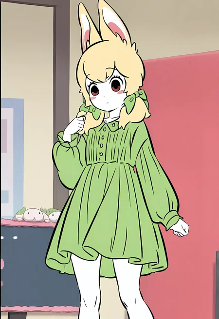 <lora:xiaoyu:1>,xiaoyu,1girl,solo,furry female,black eyes,red eyes,blonde hair,twintails,hair bow,animal ears,white skin,
green dress,dress,long sleeves,green bow,, masterpiece,best quality,amazing quality,absurdres, anime screenshot,