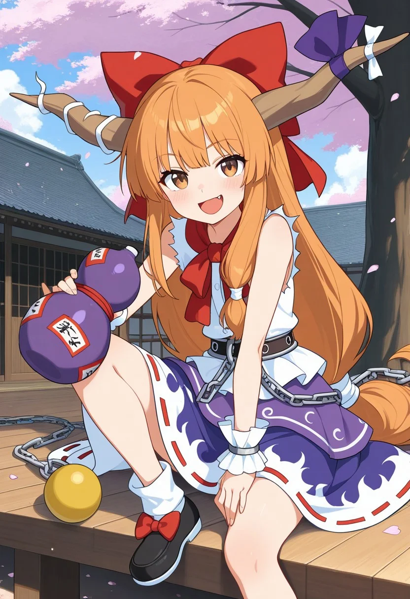 masterpiece, UHD, 8K, high res, high detailed, best quality,
official anime artwork, screencap, anime screencap, outdoors, looking at viewer, open mouth, smile, sitting, home on tree, wooden floor, terrace, smoke, sparks, petals, dynamic pose, holding gourd, hand on knee, ibuki suika, 1girl, solo, brown eyes, orange hair, very long hair, long hair, low-tied long hair, horns, oni horns, hair bow, horn ribbon, fang,, sleeveless shirt, skirt, wrist cuffs, bow, ribbon, horn ornament, chain