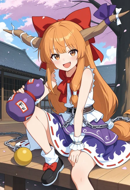 masterpiece, UHD, 8K, high res, high detailed, best quality,
official anime artwork, screencap, anime screencap, outdoors, looking at viewer, open mouth, smile, sitting, home on tree, wooden floor, terrace, smoke, sparks, petals, dynamic pose, holding gourd, hand on knee, ibuki suika, 1girl, solo, brown eyes, orange hair, very long hair, long hair, low-tied long hair, horns, oni horns, hair bow, horn ribbon, fang,, sleeveless shirt, skirt, wrist cuffs, bow, ribbon, horn ornament, chain