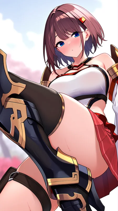 amazing quality,absurdres,best quality,masterpiece,highres,newest,detailed,detailed body,detailed face,masterpiece,best quality,solo,
ä¸å¤ã¡ãã,1girl,solo,short brown hair,blue eyes,red pleated skirt,asymmetrical legwear,single leg armor,armored boot,exposed leg,white outfit,wide detached sleeves,hair ornament,fantasy style,
<lora:ä¸å¤ã¡ãã:0.8>,