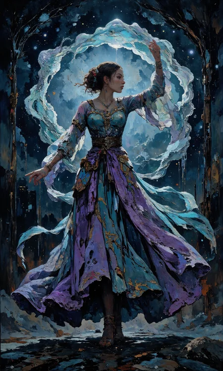 Anniele Lines, Enchanting mystical dancer twirling under ethereal moonlight, vibrant silks in swirling patterns and delicate embroidery, inspired by Middle-Eastern traditions. Silver and gold accents shimmer on aqua and lavender hues, as diaphanous veils flow around fluid movements. Bejeweled anklets jingle with grace, reflecting a captivating harmony. Midnight romantic setting where shadow meets soft light, creating luminous auras. 8k detail highlighting every intricacy, with glowing, atmospheric beauty. <lora:Let_It_Blaze_in_Crimson_anime_v1.0:0.5> <lora:Ethereal Brush Anime v2.0:0.3> <lora:Anime v1.3:0.4> <lora:Memadukan_Brush_Strokes_of_Fineart:1.0> <lora:flux_dev:1>