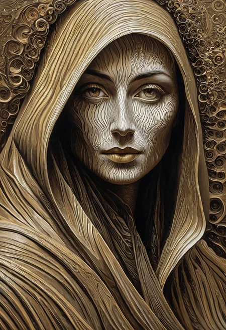 (masterpiece, best quality:1.5), trippy abstract painting in sepia tones of a profile view of a hooded character, the character is sitting and fully covered by a beige cloak, the cloak has intricate frills that extend outward from the character, creating geometric ripples and patterns, the ripples seamlessly blend into the background, filling the entire painting with a mesmerizing and complex design, the sepia color palette gives the artwork a vintage and surreal atmosphere, the geometric ripples form a hypnotic effect, drawing the viewer’s eye across the canvas, each ripple is carefully detailed with subtle variations in tone and texture, creating depth and dimension in the painting, dali, helios-zarbi