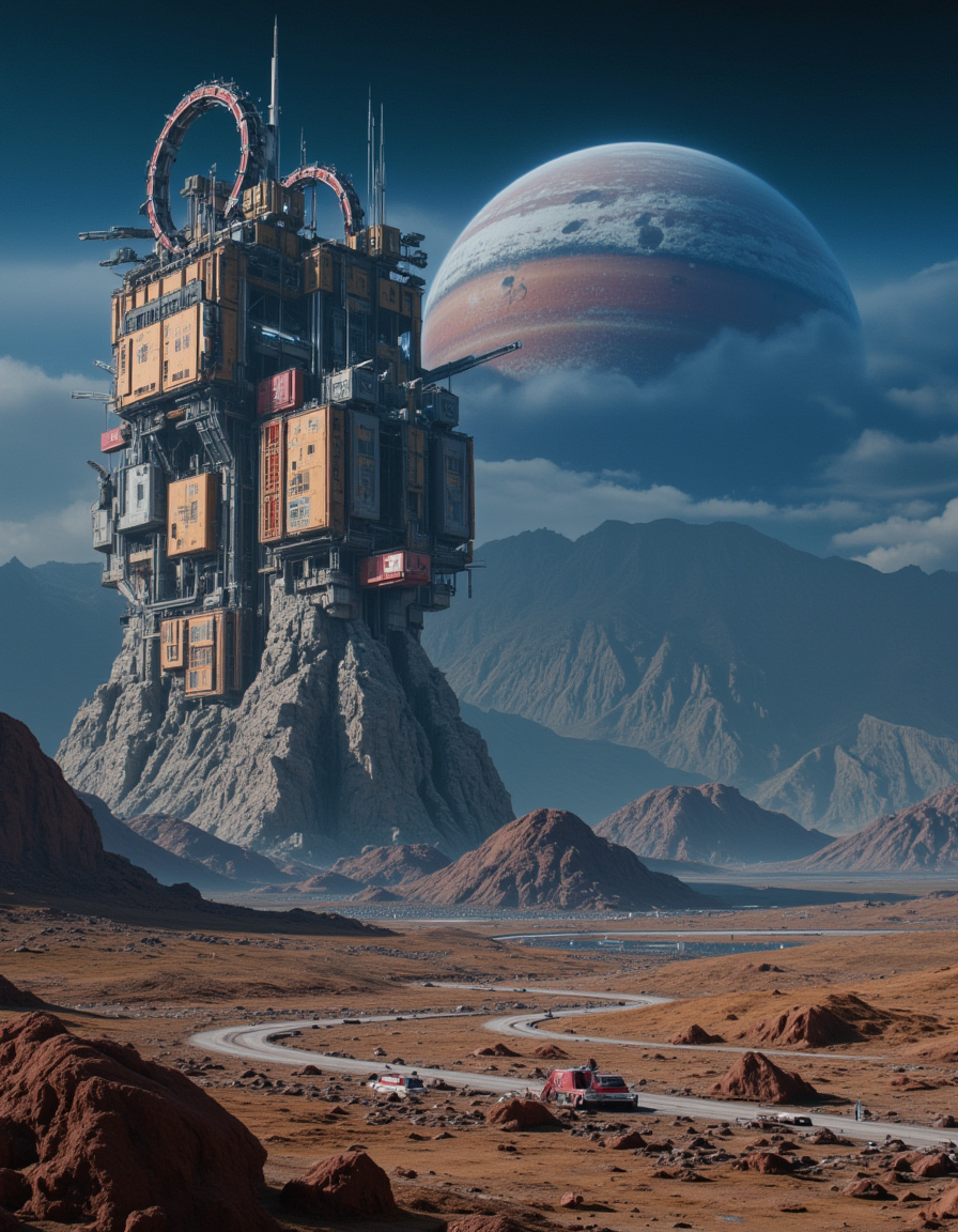 <lora:SWL_Stations1v2flux:1>  lostst1, station, scientific complex, abandoned, metallic, cyberpunk, science fiction, mountains, planet, lights, desert,