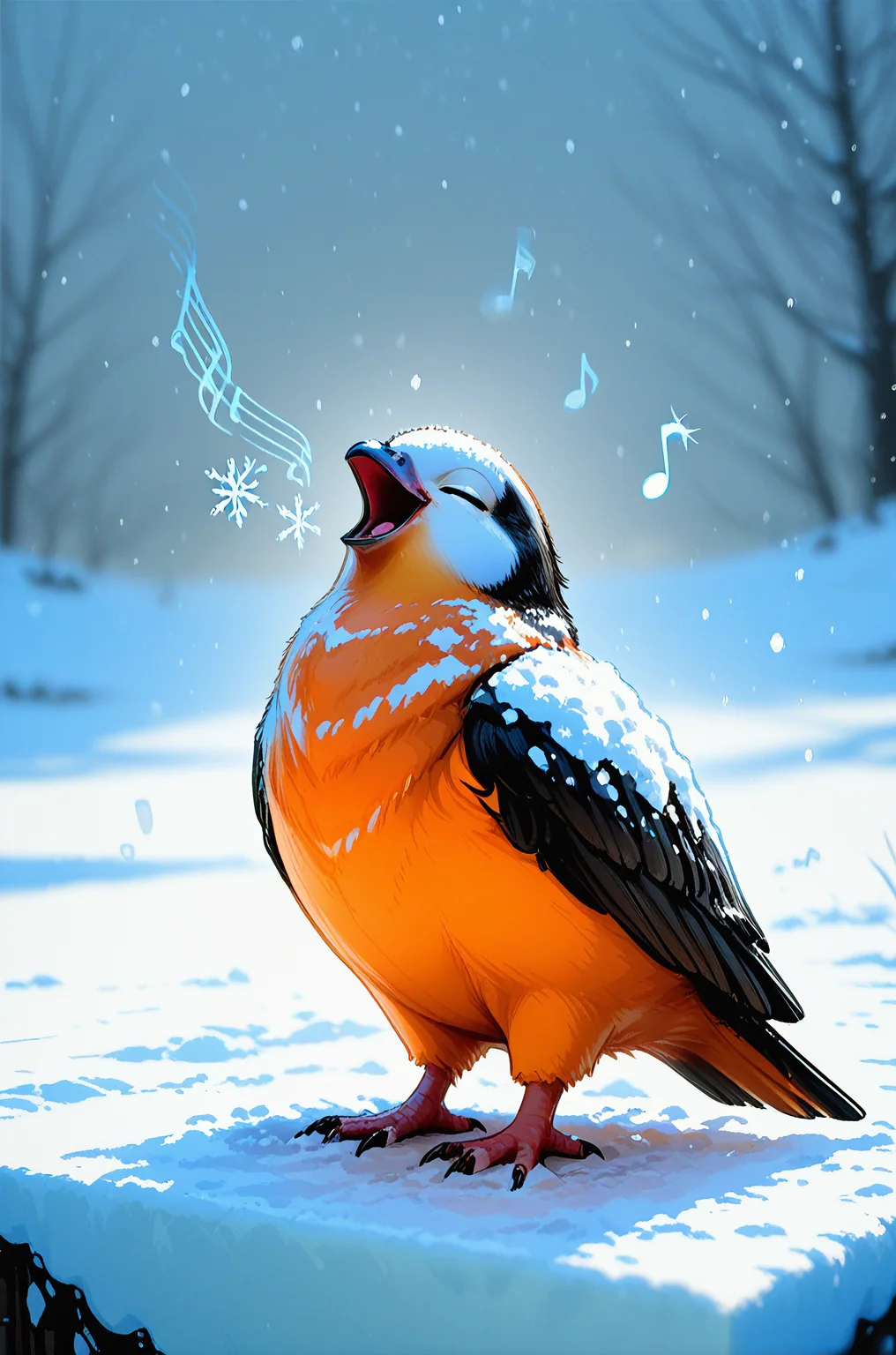 no humans, bird, animal focus, general, 

closed eyes, open mouth, 

(musical note:1.3), singing,

winter, snowing, snow, snowflakes, 

depth of field, photo \(medium\), 

best quality, very awa, highres, newest 