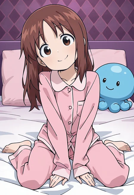 best quality, amazing quality, perfect quality, high quality, masterpiece, absolutely eye-catching BREAK
<lora:Ika_Musume_-_Risa:1> IkaRisa, brown eyes, brown hair, long hair, hair down, wispy bangs BREAK
pink pajamas
indoors, bedroom, patterned walls, purple walls, bed, pink pillow, blue stuffed octopus BREAK
1girl, solo, sitting, on bed, wariza, head tilt, upturned eyes, looking at viewer, head tilt, smile, full body, dutch angle