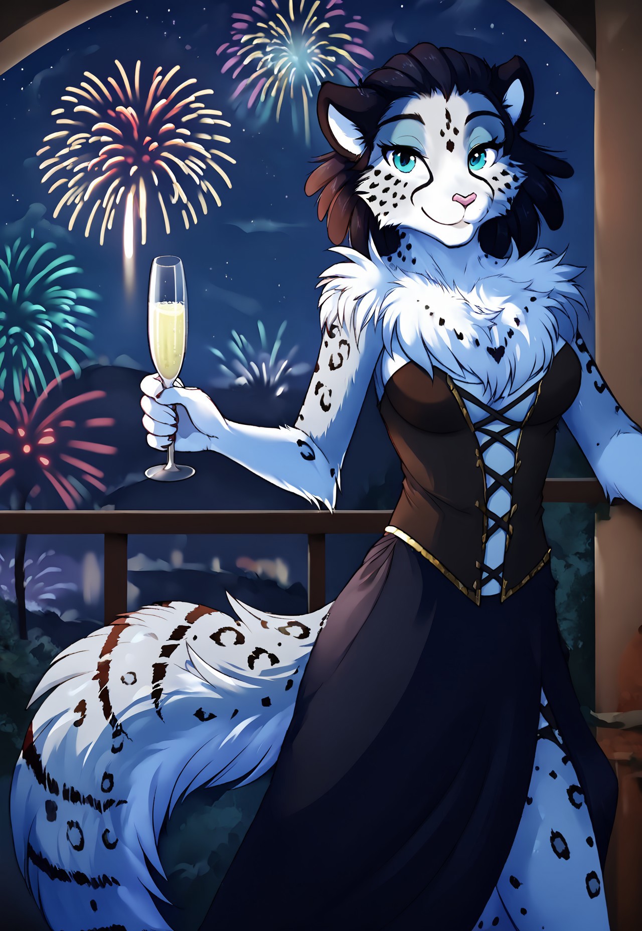 safe_pos, score_9, score_8_up, score_7_up, masterpiece, best quality, good quality, highly detailed, absurdres, intricate details, detailed background, night time, night sky, fireworks, 1 girl, solo, adira-riftwall-twokinds, leopard tail, anthro, white fur, spotted fur, detailed fur, body fur, fluffy, elegant dress, cleavage cut, holding champagne glass, bubbly liquid, looking at viewer, warm smile,