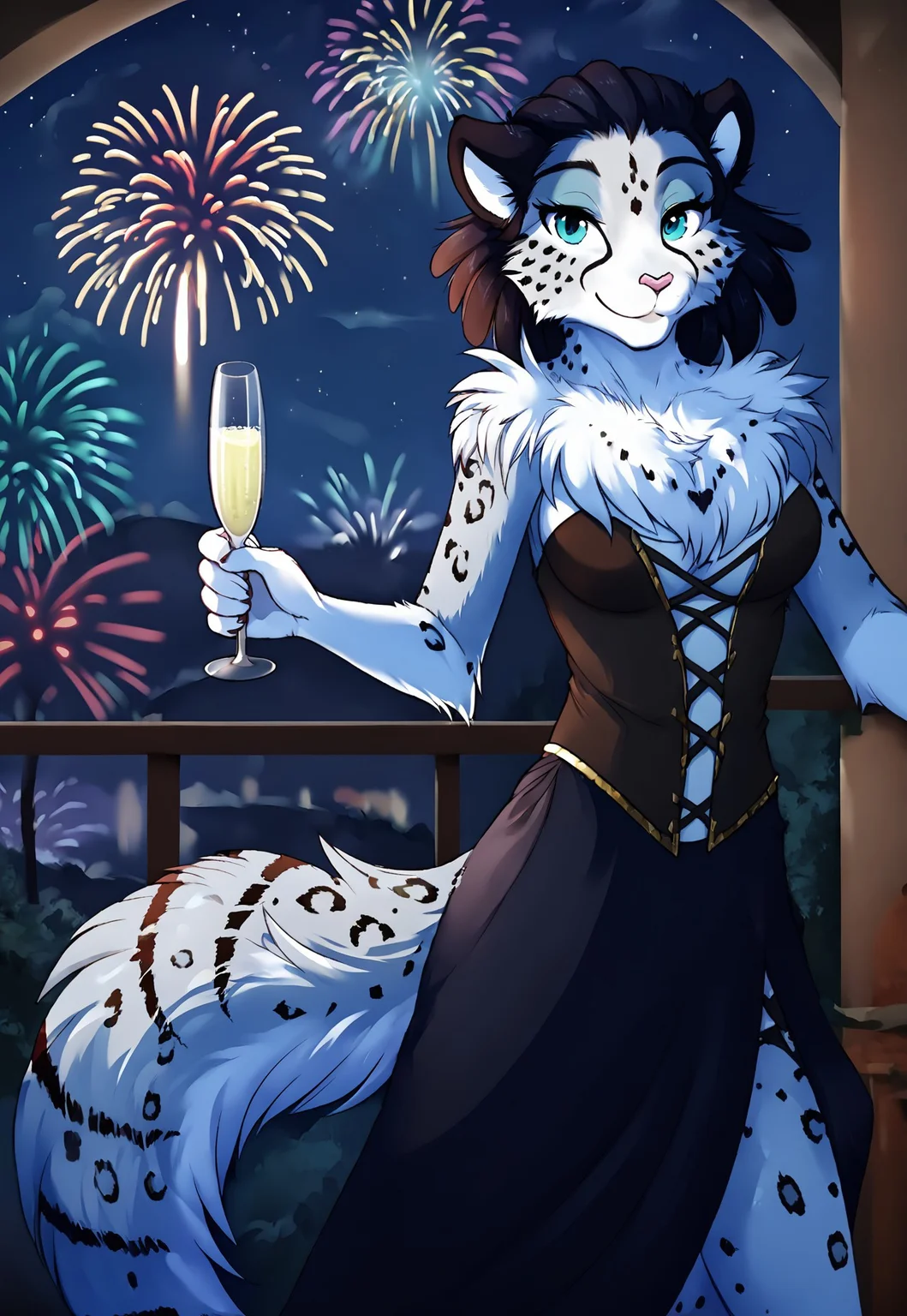 safe_pos, score_9, score_8_up, score_7_up, masterpiece, best quality, good quality, highly detailed, absurdres, intricate details, detailed background, night time, night sky, fireworks, 1 girl, solo, adira-riftwall-twokinds, leopard tail, anthro, white fur, spotted fur, detailed fur, body fur, fluffy, elegant dress, cleavage cut, holding champagne glass, bubbly liquid, looking at viewer, warm smile,
