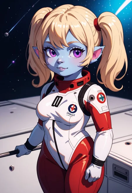 score_9, score_8_up, score_7_up, full height, Portrait, EasyNegative, (1girl), (detailed),PoppyLoLXL, yordle, shortstack, purple eyes, blonde hair, twintails, blue skin, colored skin,(medium breast),(medium things),astronaut costume,