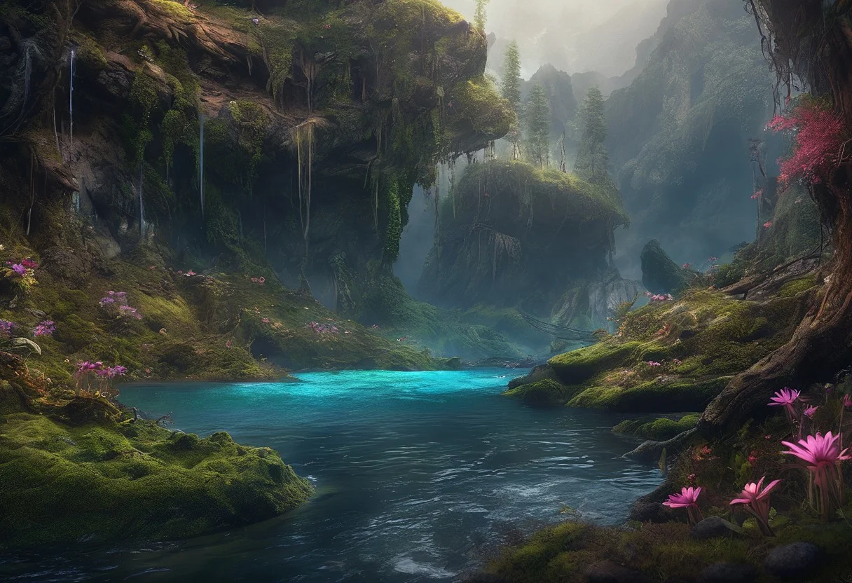 Concept art Fanmytwor style. (No living creatures were found:2), fantasy, Sci-Fi, dark, fracolor a digital painting of an alien world with large forests, trees that have translucent flowers and bio-luminescence leaves, fractalvines, mountains, rivers and oceans, beautiful caves and rain that glows. No animals were found. A digital rendering, realistic, high-res, viewed straight on, ultra detailed, alien world, ((small animals)), beautiful alien plants, water, mountains, ground covered in moss and rivers. Very colorful, with light manipulation, photo manipulation, dark, contrast, mysterious, fantastic scenes, digital artistry, creative editing, striking visuals. Intricate, patterns, highly detailed, science fiction
