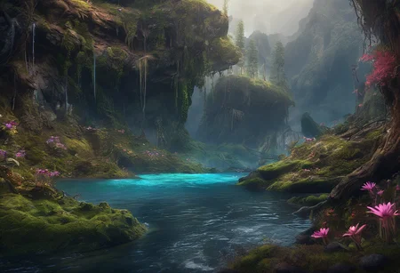 Concept art Fanmytwor style. (No living creatures were found:2), fantasy, Sci-Fi, dark, fracolor a digital painting of an alien world with large forests, trees that have translucent flowers and bio-luminescence leaves, fractalvines, mountains, rivers and oceans, beautiful caves and rain that glows. No animals were found. A digital rendering, realistic, high-res, viewed straight on, ultra detailed, alien world, ((small animals)), beautiful alien plants, water, mountains, ground covered in moss and rivers. Very colorful, with light manipulation, photo manipulation, dark, contrast, mysterious, fantastic scenes, digital artistry, creative editing, striking visuals. Intricate, patterns, highly detailed, science fiction
