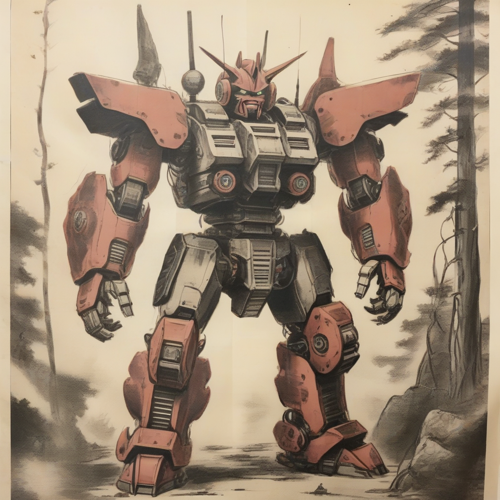 vintagepaper, 1 mecha oni bulky armor giant robot,outdoor, <lora:VintagePunk:1>