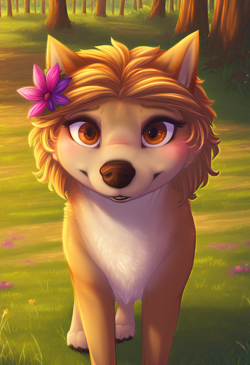zPDXL, score_9_up, score_8_up,_7_up, score_6_up, score_5_up, score_4_up ,source_furry, best quality, amazing quality, masterpiece, 1girl, looking at viewer, solo, fullbody, cute, blush, cute smile, cute pose, out doors, forest, trees, field, flowers, kate, wolf girl, golden-brown fur, brown eyes, wolf tail, wolf ears, hair flower, <lora:Kate:0.8>, Expressiveh, good_hands, dimwitdog, <lora:dimwitdog:1>, <lora:Expressive_H:0.8>, <lora:Detail_Slider_v1.4_iteration_3:4>, <lora:pony_good_hands:0.8>