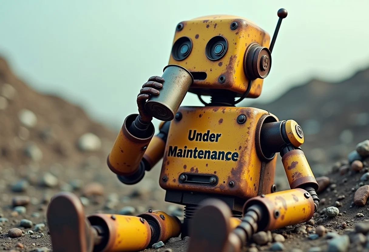 old rusty robot sits in the landfill and drinks oil from a crumpled oil can, head thrown back, the inscription “Under Maintenance“ on the torso, high details, photorealistic image