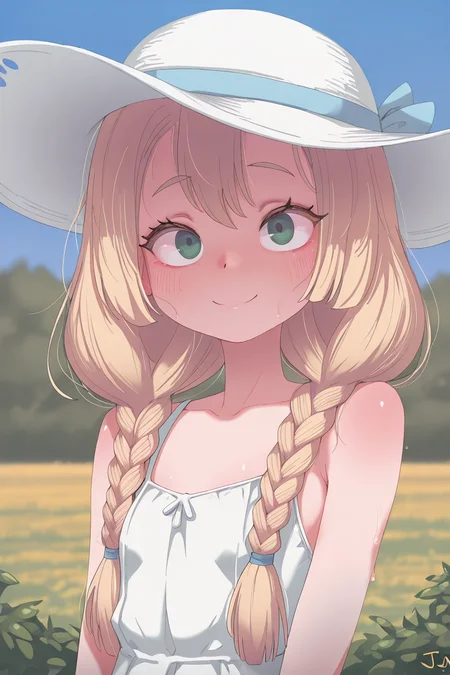 masterpiece, best quality, amazing quality,
 <lora:JJ.JJ_r1:1> jj.jj, 1girl, hat, dress, long hair, green eyes, blonde hair, braid, white dress, solo, sleeveless dress, sun hat, sleeveless, twin braids, white headwear, portrait, smile, sunny day, outdoors