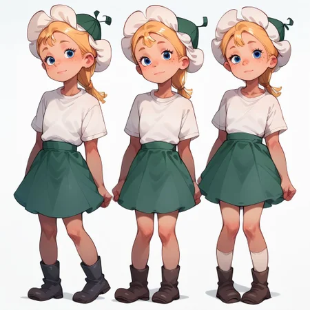 score_9, score_8_up, score_7_up, source cartoon, 1girl, solo, romashka, looking at viewer, blue eyes, blonde hair, [white|green] tulip hat, ponytail, freckles, standing, white background, half-closed eyes, light smile, green skirt, white socks, white shirt, boots
ass view, multiple views, simple background, full body,