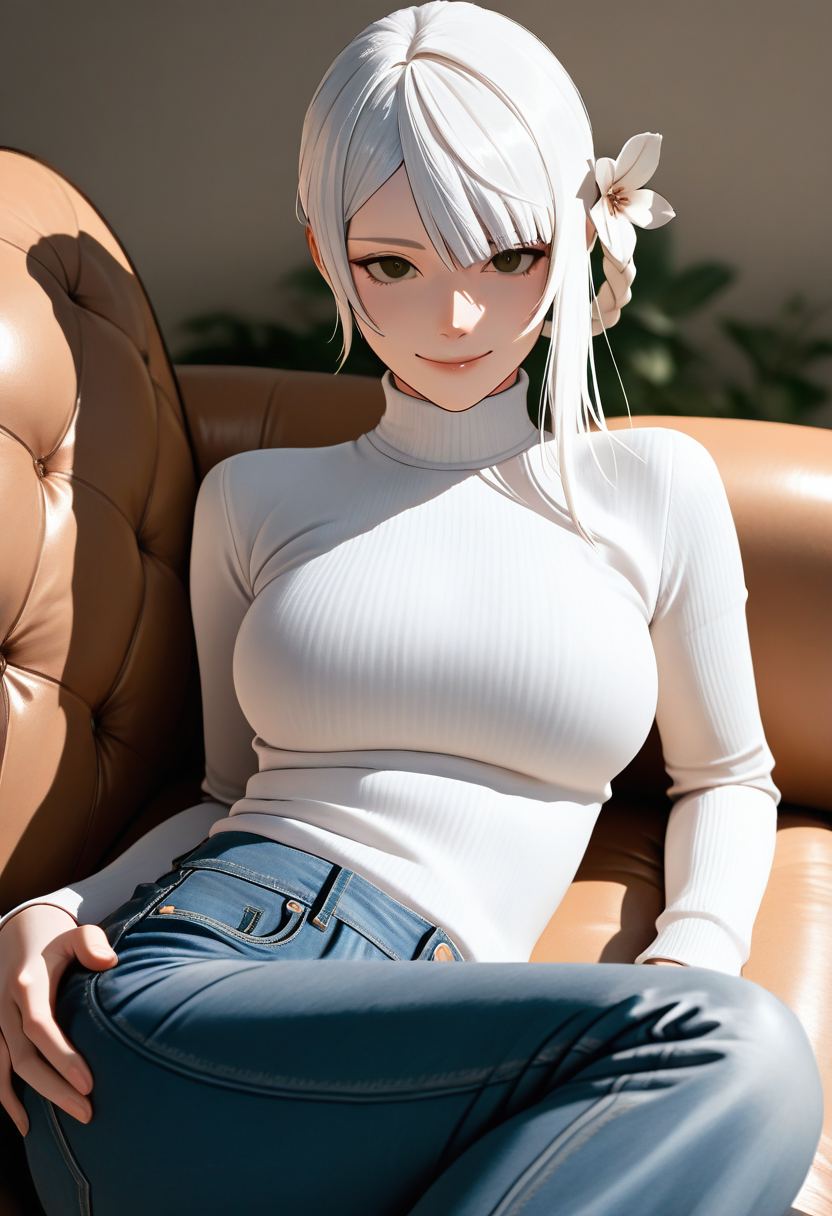 masterpiece, best quality, newest, absurdres, highres ,<lora:KaineNierIllustrious-000011:1> , KAINIR, white hair, brown eyes, asymmetrical hair, hair flower,  hand on own hip,braided hair ring,  seductive smile, white turtleneck, breasts, jeans, long sleeves, sitting, looking at viewer, reclining, on couch,
